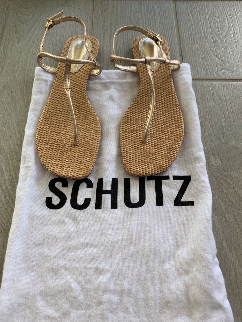 SCHUTZ Gold and Tan Woven T-Strap Sandals